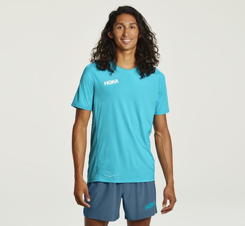 Men's Hoka One One Performance Short Sleeve T Shirts Scuba Blue | MXJVGF943