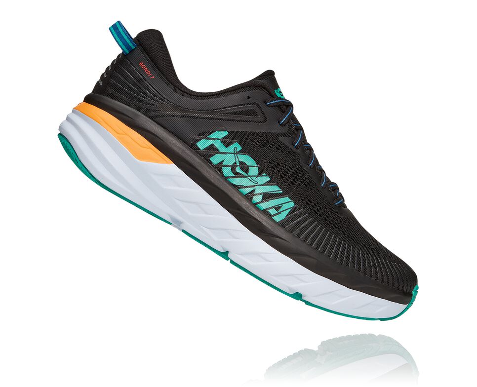 Men's Hoka One One Bondi 7 Road Running Shoes Black / Atlantis | VDZYSJ460