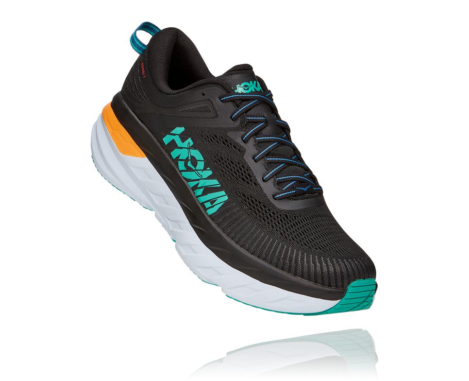 Men\'s Hoka One One Bondi 7 Road Running Shoes Black / Atlantis | VDZYSJ460