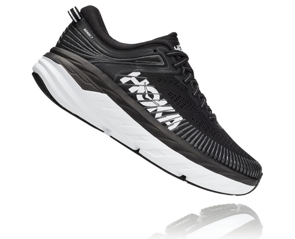 Men's Hoka One One Bondi 7 Road Running Shoes Black / White | WFDQXB291