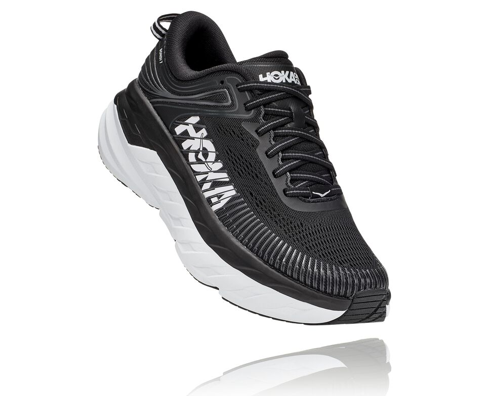 Men\'s Hoka One One Bondi 7 Road Running Shoes Black / White | WFDQXB291