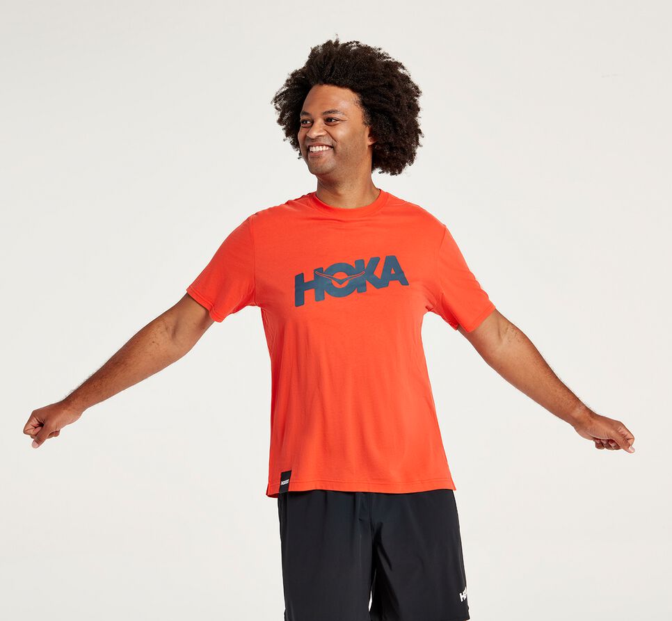 Men\'s Hoka One One Brand Tee Running Tees Fiesta | JYEUKW863