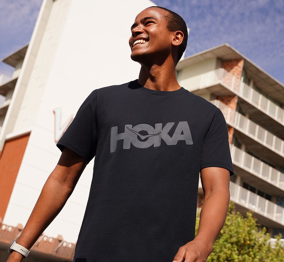 Men's Hoka One One Brand Tee Running Tees Black / Castlerock | OYLDFI283