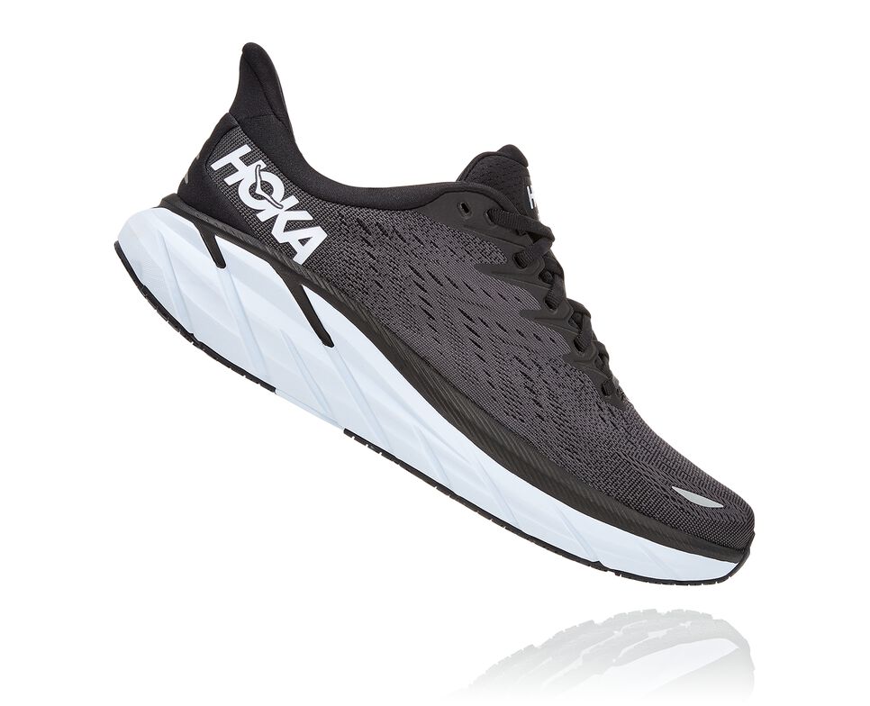 Men's Hoka One One Clifton 8 Road Running Shoes Black / White | OXIAKR210