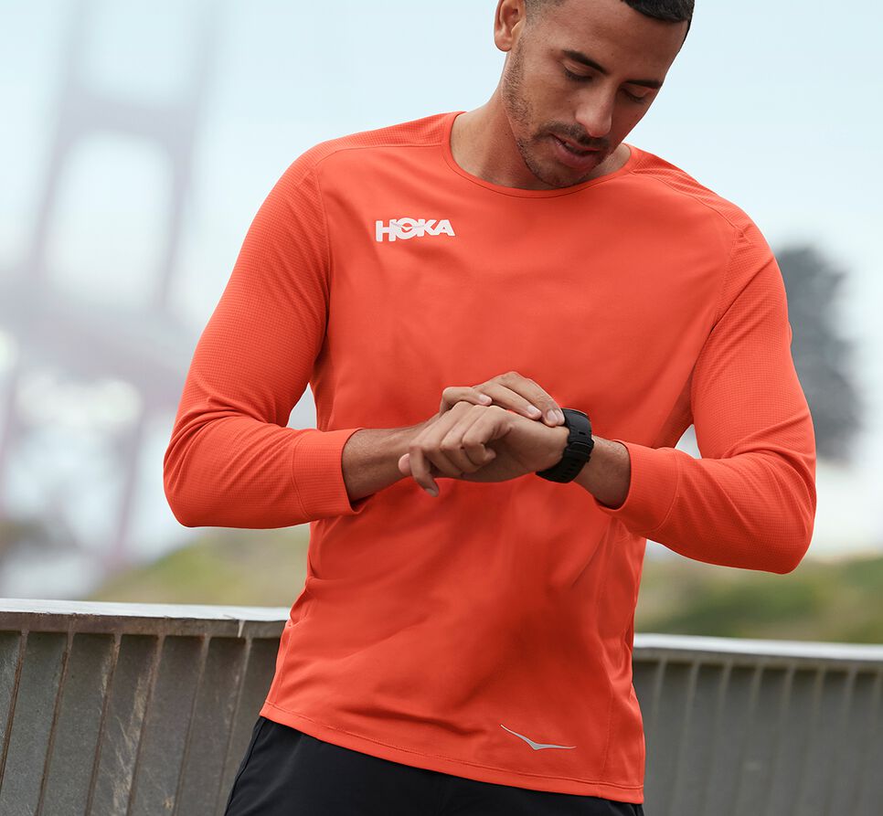 Men's Hoka One One Performance 3/4 Sleeve T Shirts Mandarin Red | KFSDZU245