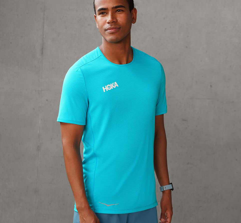 Men's Hoka One One Performance Short Sleeve T Shirts Scuba Blue | MXJVGF943