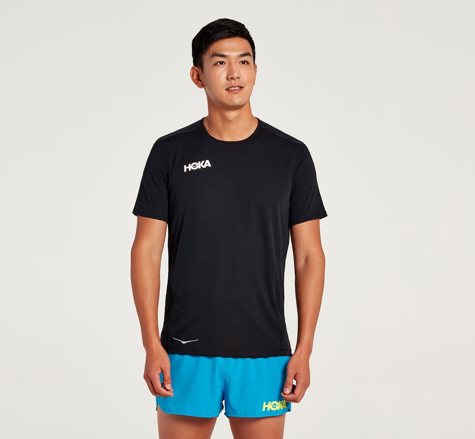 Men\'s Hoka One One Performance Short Sleeve T Shirts Black | XZDETJ697