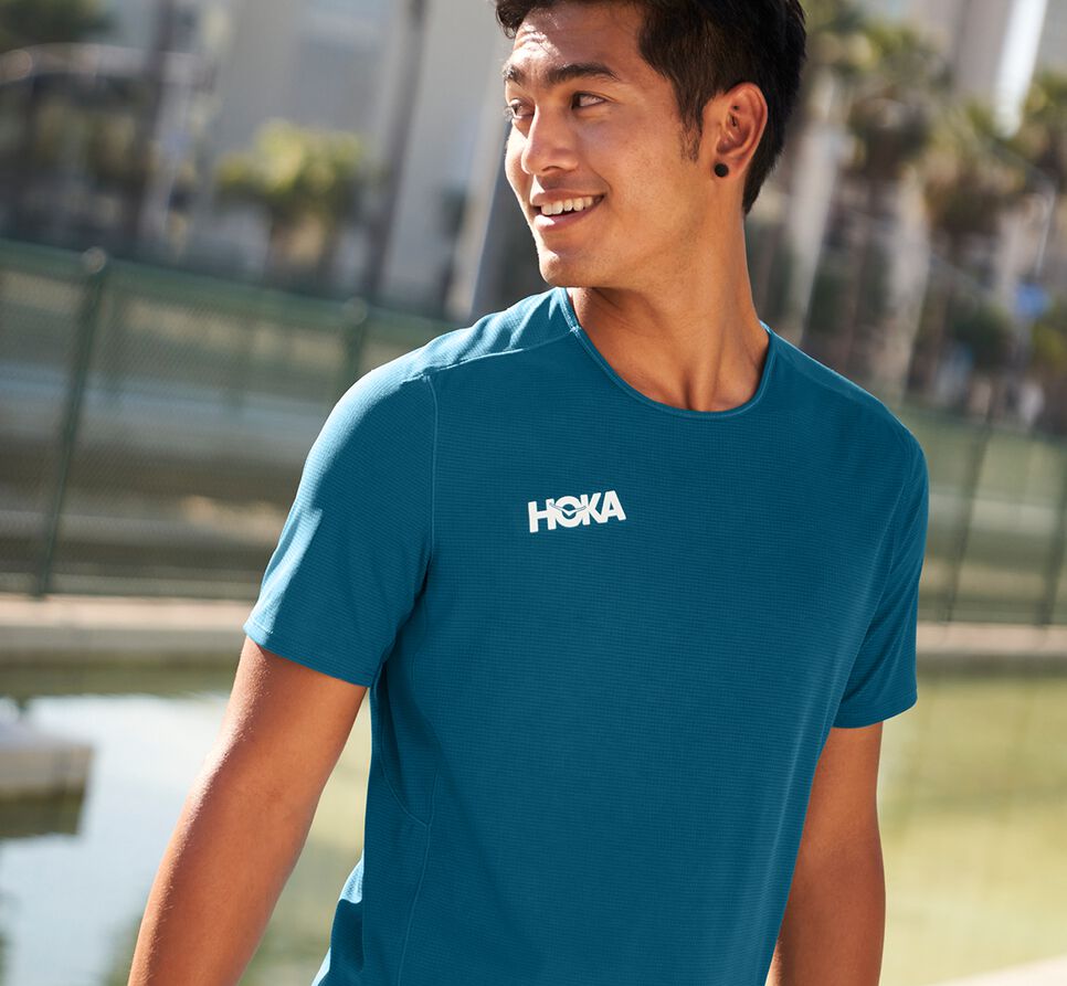 Men's Hoka One One Performance Short Sleeve T Shirts Moroccan Blue | ZJCGYF045