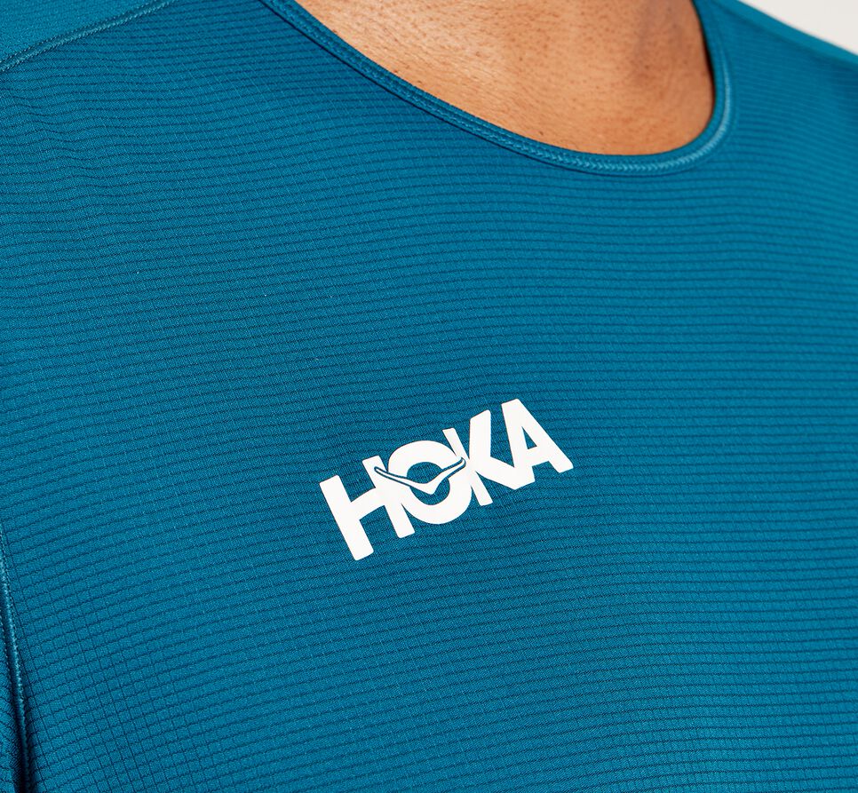 Men's Hoka One One Performance Short Sleeve T Shirts Moroccan Blue | ZJCGYF045