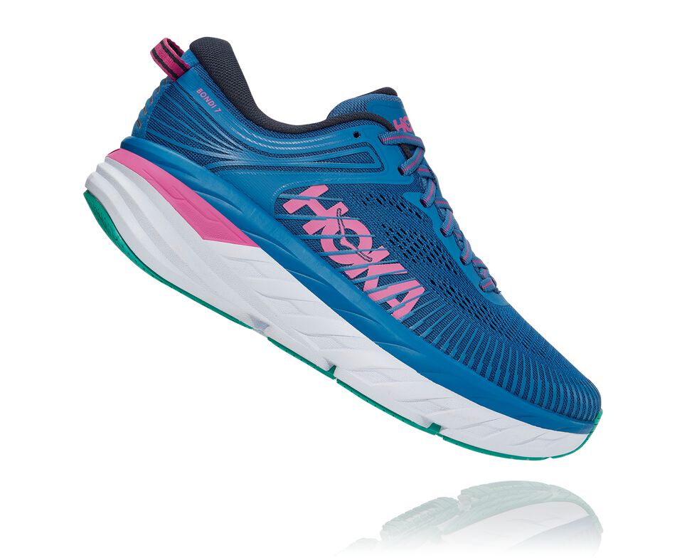 Women's Hoka One One Bondi 7 Road Running Shoes Vallarta Blue / Phlox Pink | AHPKTJ853