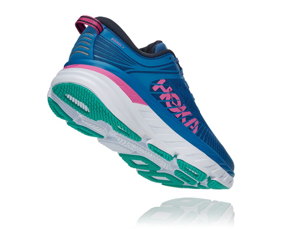 Women's Hoka One One Bondi 7 Road Running Shoes Vallarta Blue / Phlox Pink | AHPKTJ853