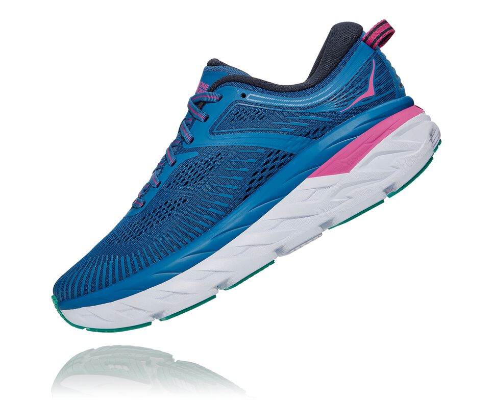 Women's Hoka One One Bondi 7 Road Running Shoes Vallarta Blue / Phlox Pink | AHPKTJ853