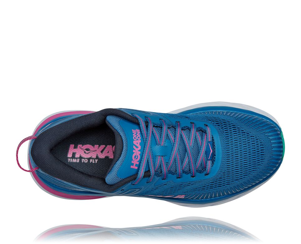 Women's Hoka One One Bondi 7 Road Running Shoes Vallarta Blue / Phlox Pink | AHPKTJ853