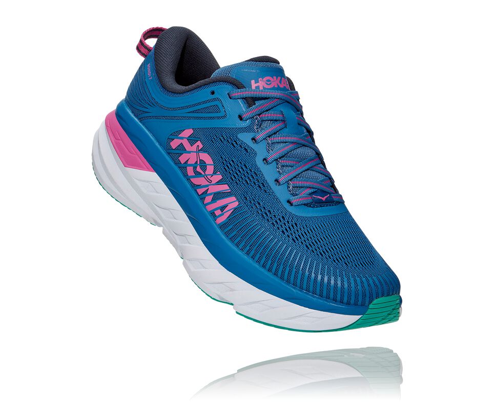 Women\'s Hoka One One Bondi 7 Road Running Shoes Vallarta Blue / Phlox Pink | AHPKTJ853