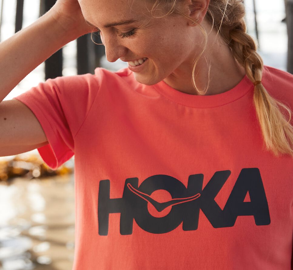 Women's Hoka One One Brand Tee Running Tees Hot Coral | GJNCYU617