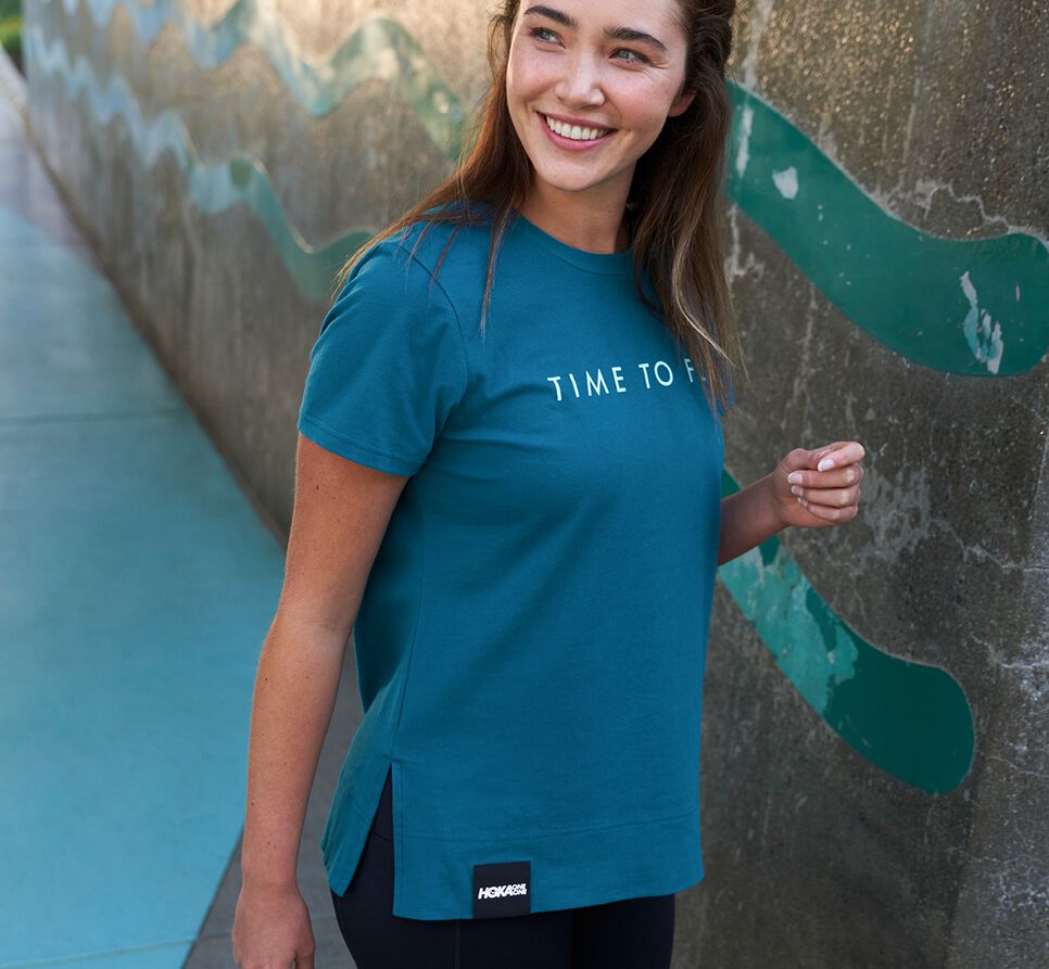 Women's Hoka One One Brand Tee Running Tees Moroccan Blue | KNVIOT026