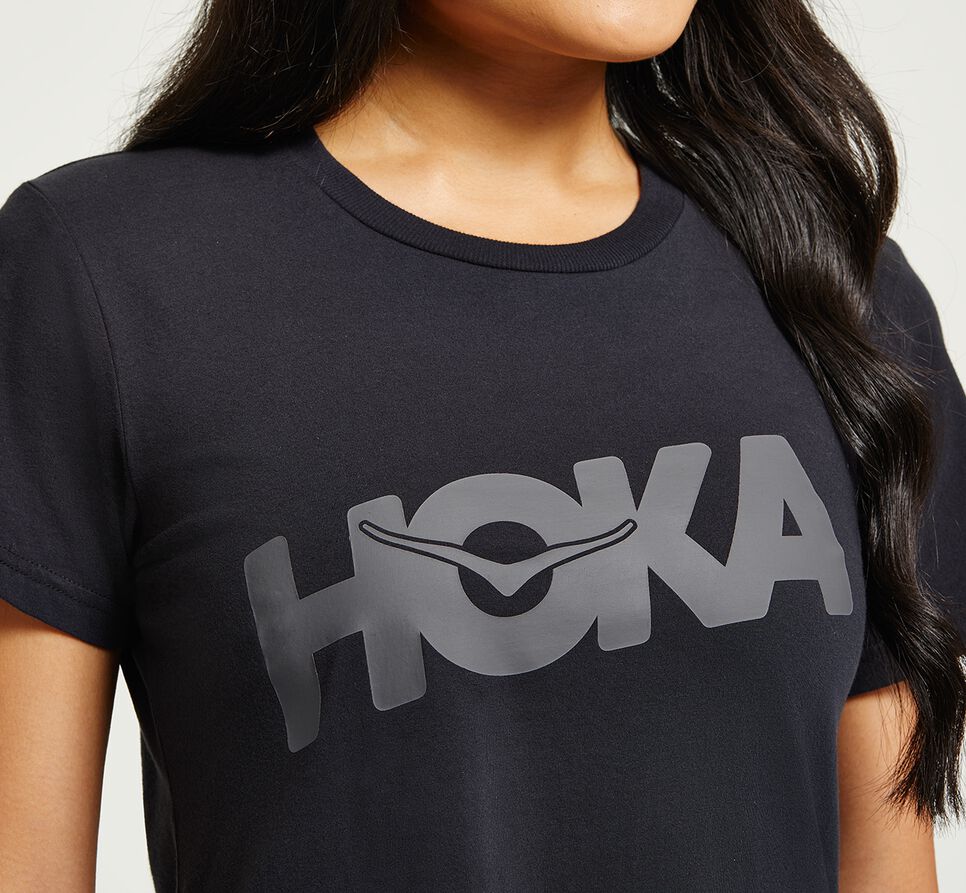 Women's Hoka One One Brand Tee Running Tees Black / Castlerock | RIUCAE923