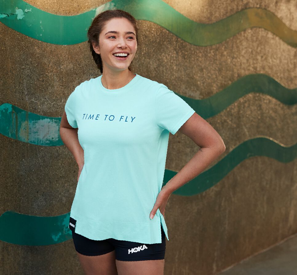 Women's Hoka One One Brand Tee Running Tees Blue Tint | RWEJMI768