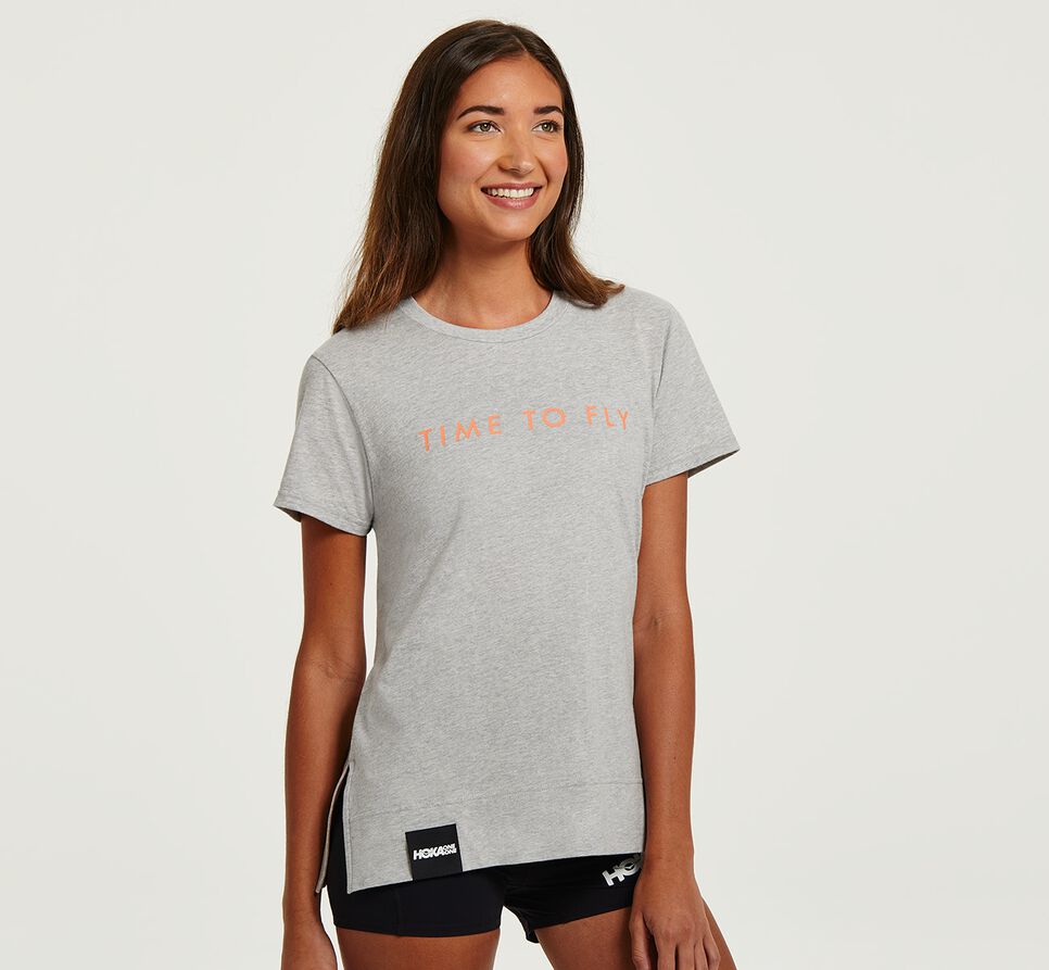 Women\'s Hoka One One Brand Tee Running Tees Heather Grey / Cantaloupe | ZQJXYP206