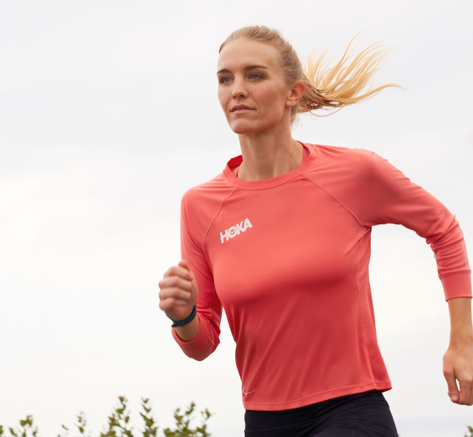 Women's Hoka One One Performance 3/4 Sleeve T Shirts Hot Coral | LEUVMN568