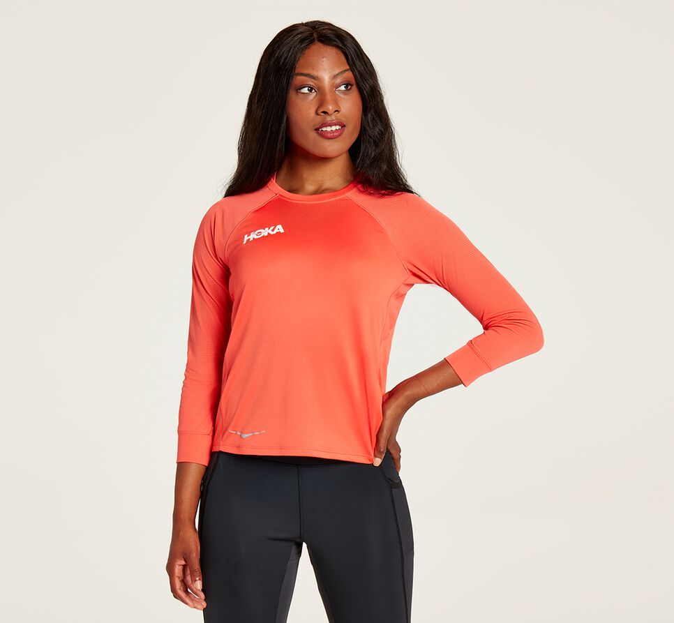 Women\'s Hoka One One Performance 3/4 Sleeve T Shirts Hot Coral | LEUVMN568