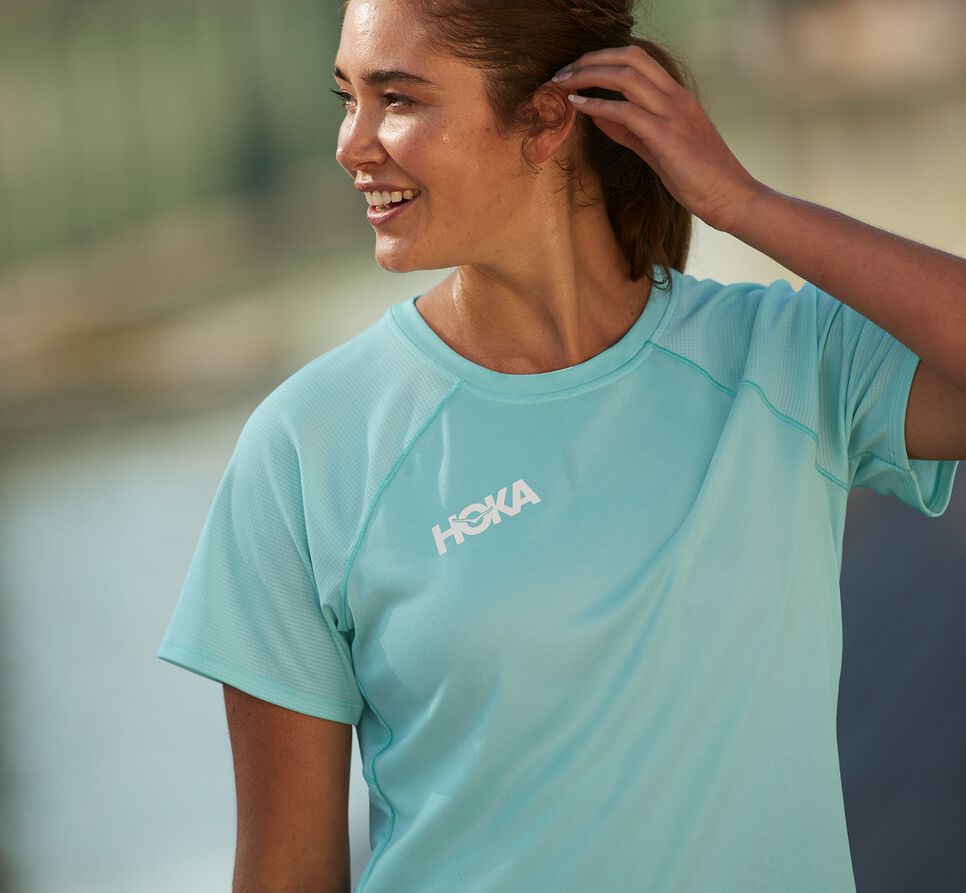 Women's Hoka One One Performance Short Sleeve T Shirts Blue Tint | WVGTSF785