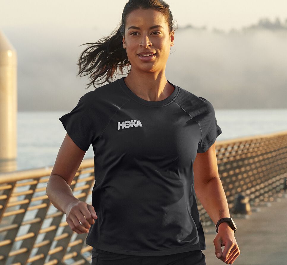 Women's Hoka One One Performance Short Sleeve T Shirts Black | XPYZKG815