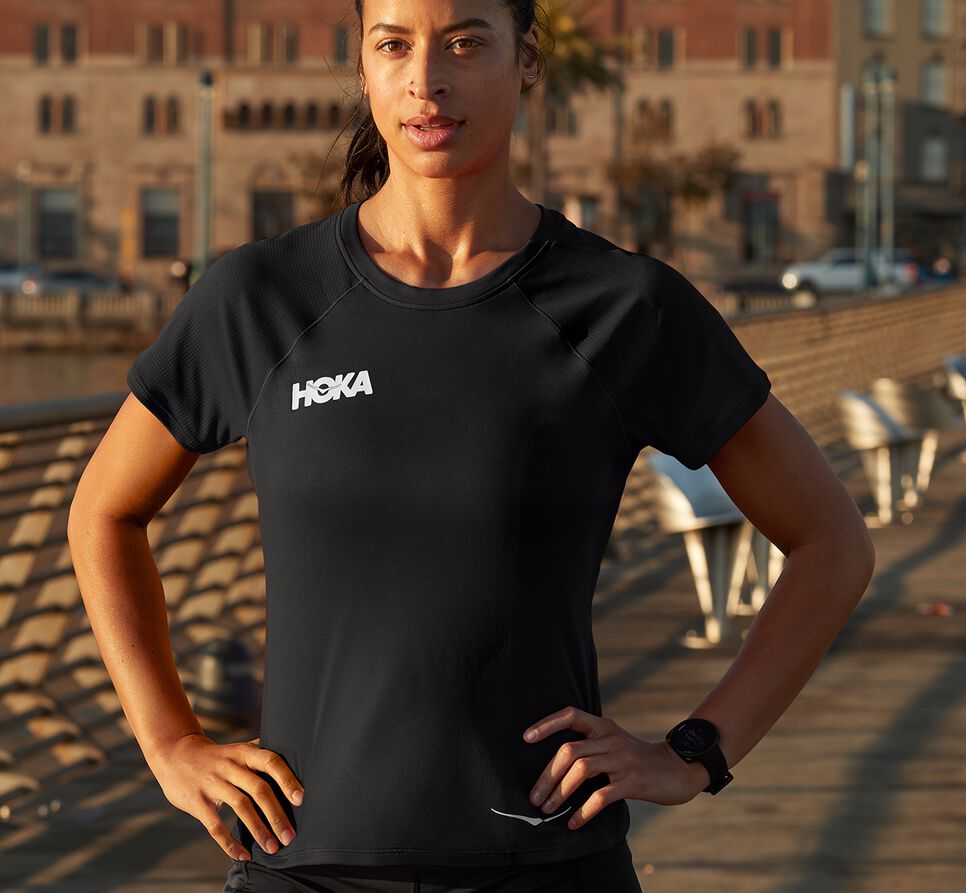 Women's Hoka One One Performance Short Sleeve T Shirts Black | XPYZKG815